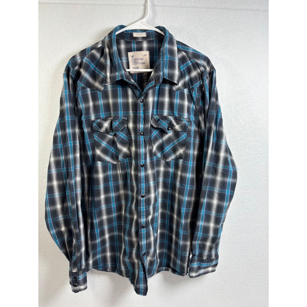 American Eagle Vintage Fit XXL Plaid Western Snap Shirt Blue Black 2011